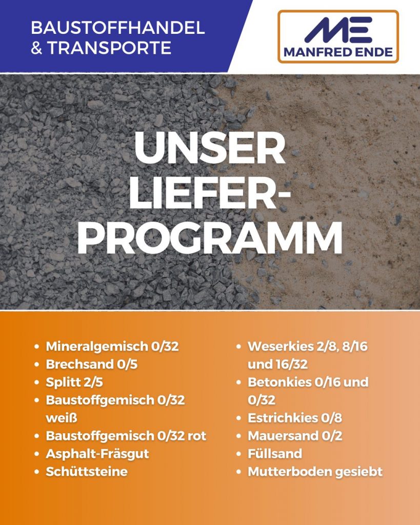 Leistungsübersicht des Lieferprogramms mit Baustoffen und Schüttgütern der Manfred Ende GmbH – Baustoffhandel & Transporte.